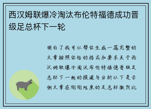 西汉姆联爆冷淘汰布伦特福德成功晋级足总杯下一轮