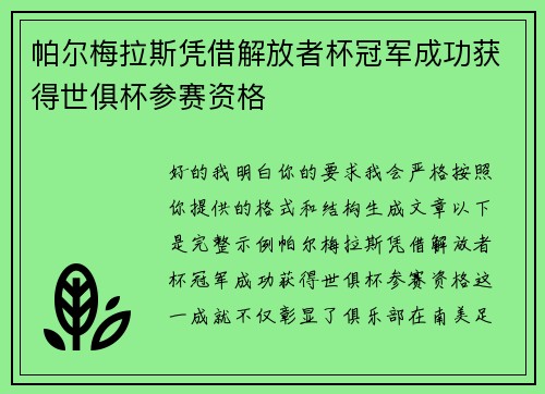 帕尔梅拉斯凭借解放者杯冠军成功获得世俱杯参赛资格